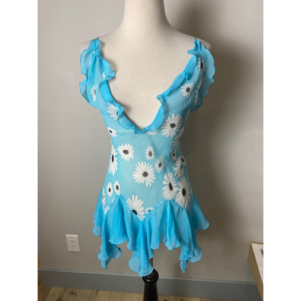 Vintage Victorias Secret Daisy Polka Dot Ruffle Slip Dress Y2K Blue Fairycore XS